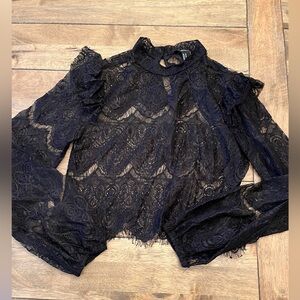 Forever 21 Black Sheer Lace Mock Neck Blouse
